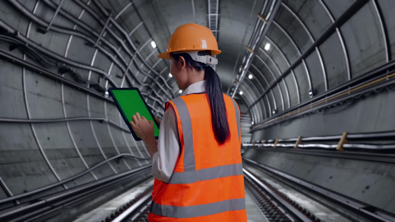 Back View Of Asian Female Engineer With Safety Helmet Working On A Green Screen Tablet And Looking Around In Underground Subway Tunnel
