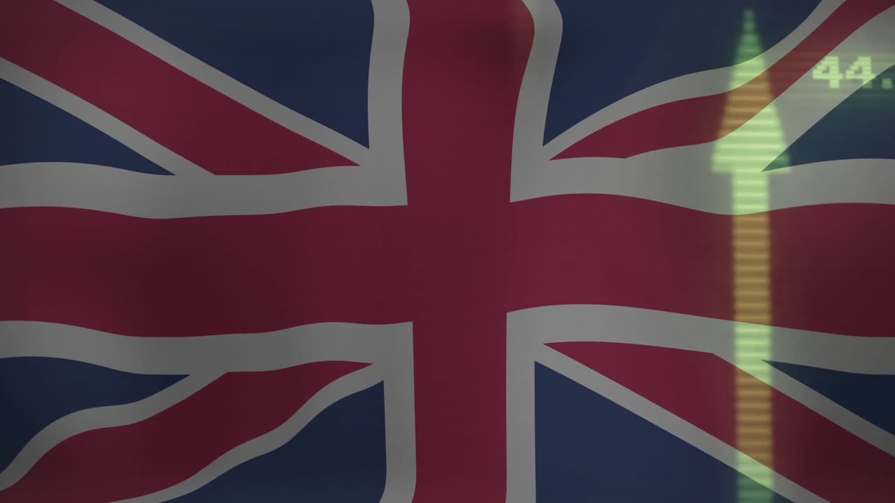 Bandiera Union Jack che si dispiega in una scena finanziaria animata, mostrando frecce traslucide e l'etichetta 50.
