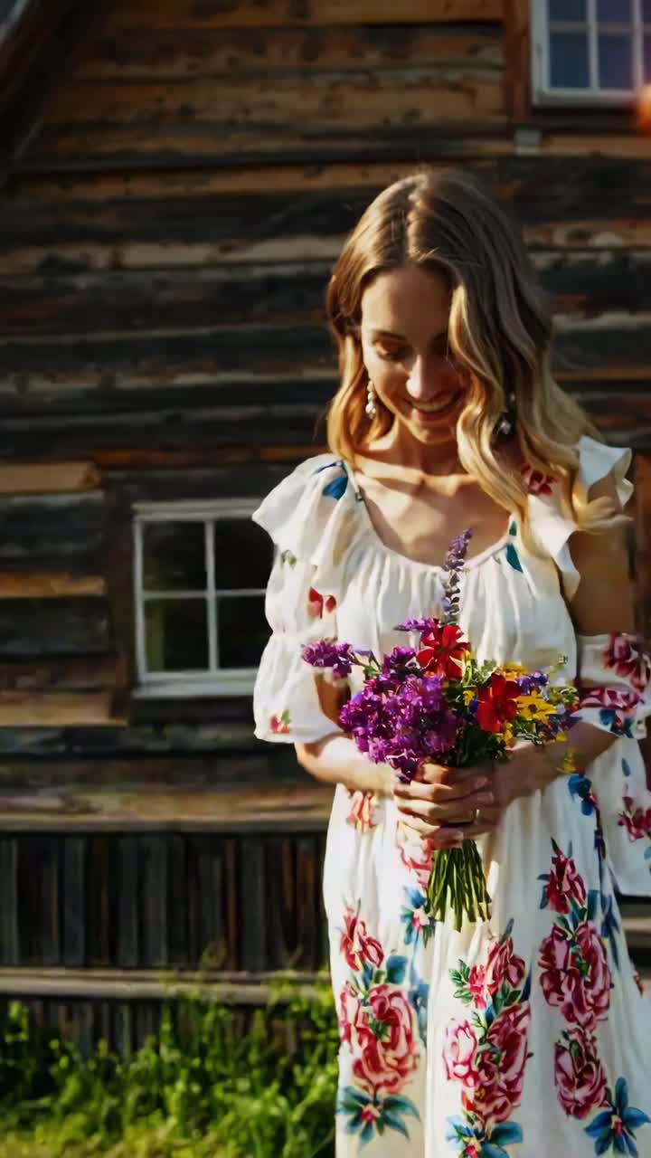 modelo de moda de pie con un colorido ramo de flores silvestres cerca de la casa de madera tradicional, irradiando alegría y elegancia mientras sonríe a la cámara durante la dorada de verano