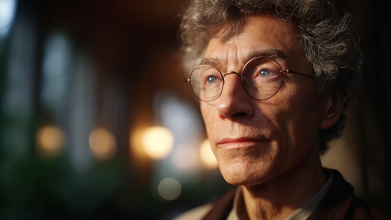 A Thoughtful Individual with Glasses Gazing into the Distance, Capturing a Moment of Contemplation and Reflection in Soft Ambient Lighting