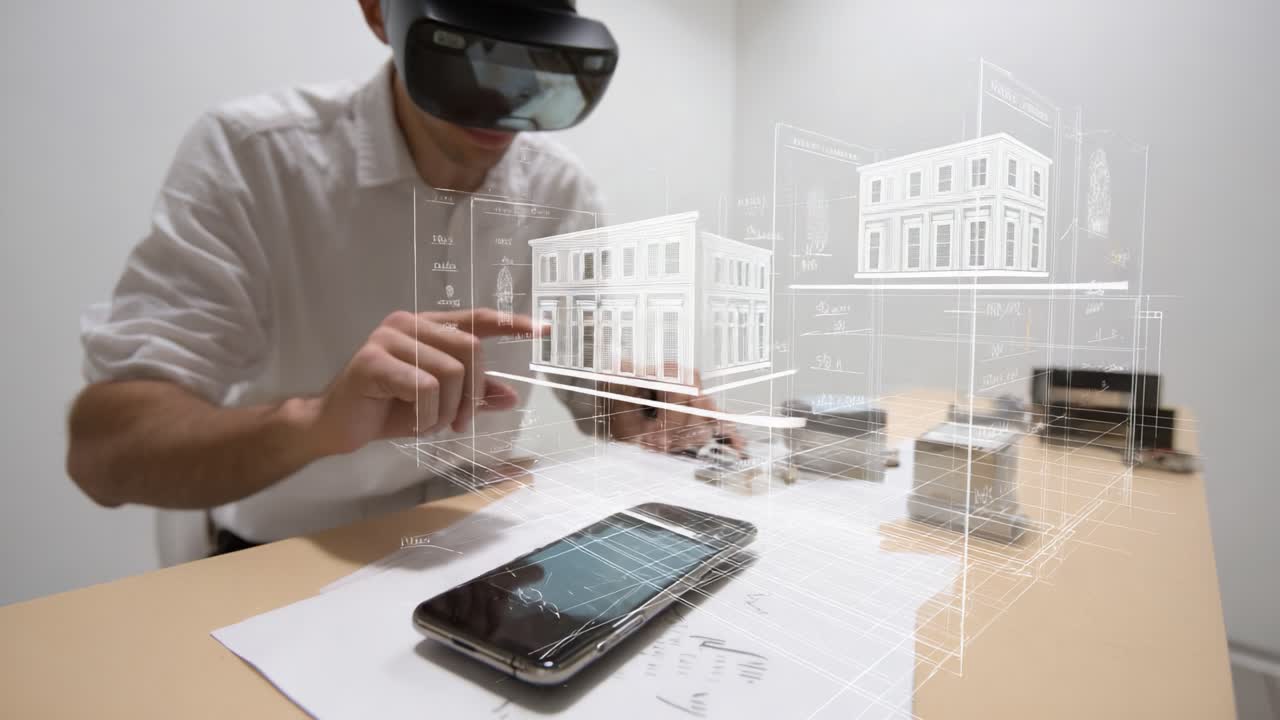 A Focused Individual Utilizing Augmented Reality Glasses to Interact with a Mobile Device and Advanced Architectural Designs on a Table, Blending Technology with Creativity in a Modern Indoor Setting