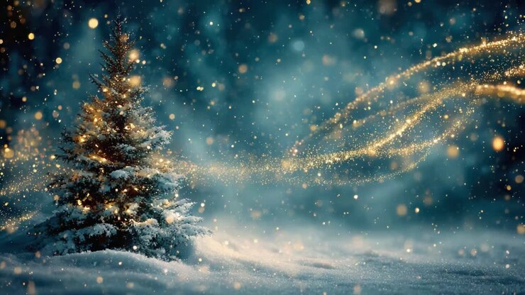 A Magical Winter Scene Featuring a Snow-Covered Christmas Tree Illuminated by Sparkling Lights Amidst a Beautifully Dreamy, Snowy Background