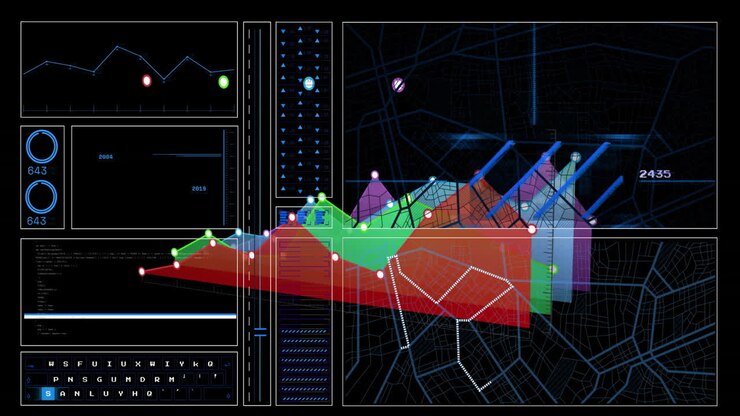 Oprettelse af farverige grafer og diagrammer, animation over digital kortgrænseflade