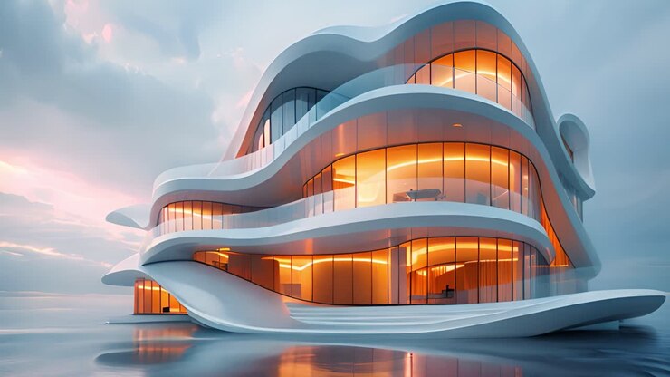 Futuristisk moderne bygning med buet arkitektur og glasfacade