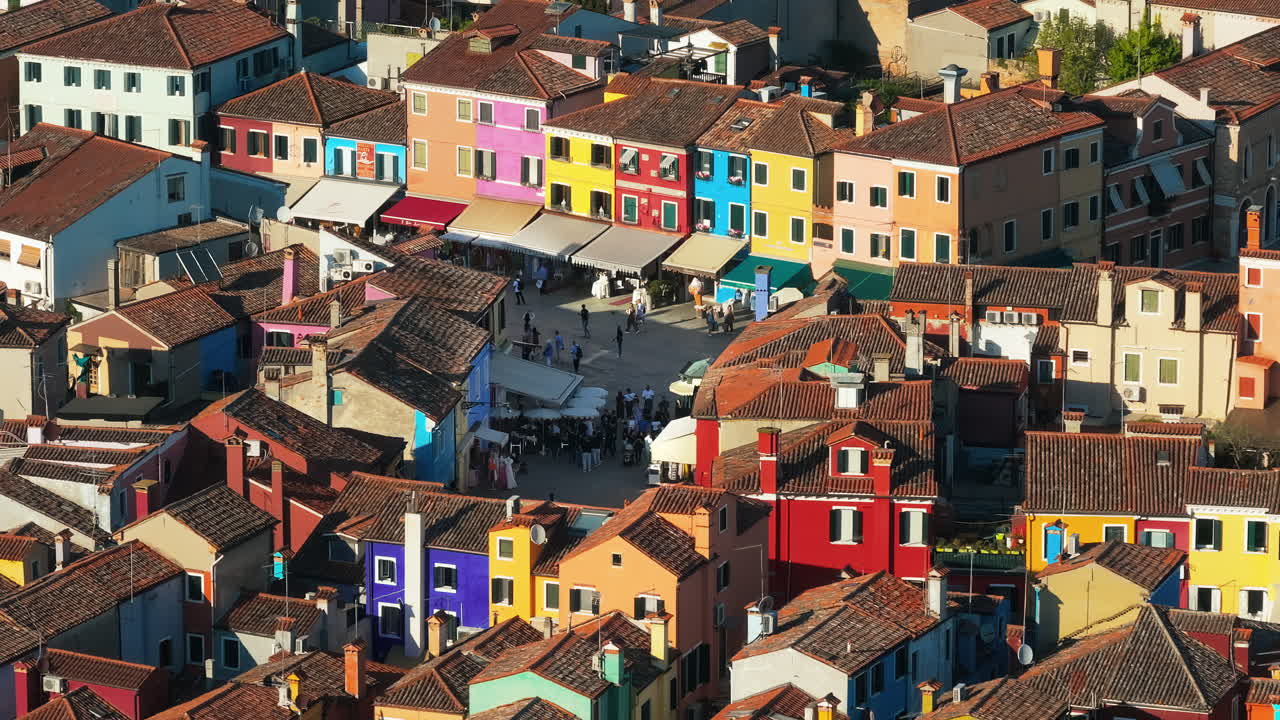 Aerial drone view of the colourful houses of Burano Island, Italy