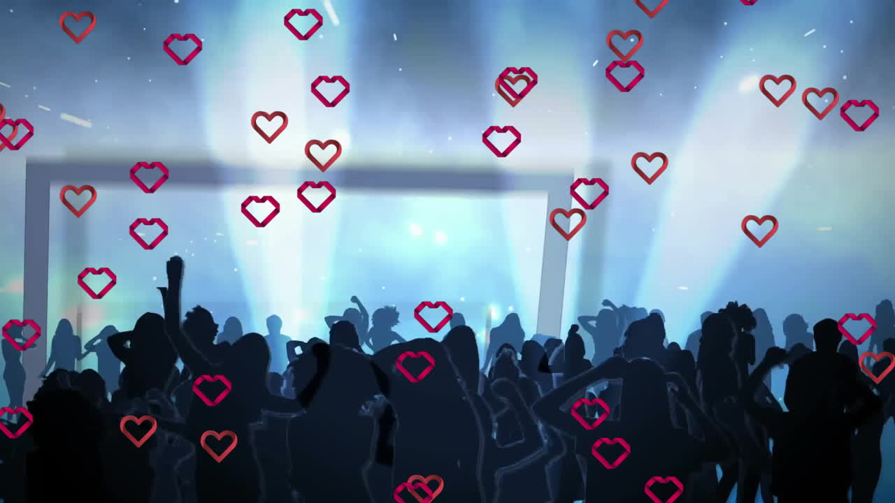 Silhouettes dancing on dance floor under glowing spotlights while hearts floating around screen