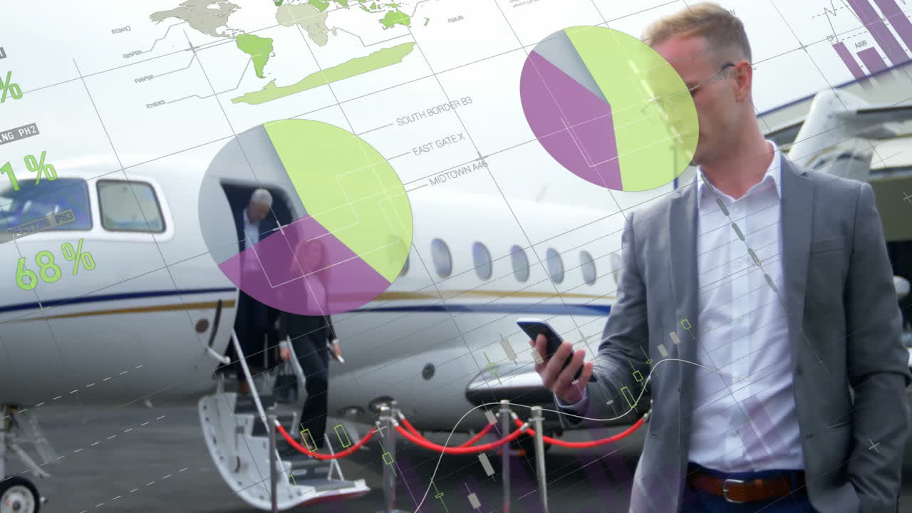 Using smartphone, businessman analyzing data charts with animation on private jet