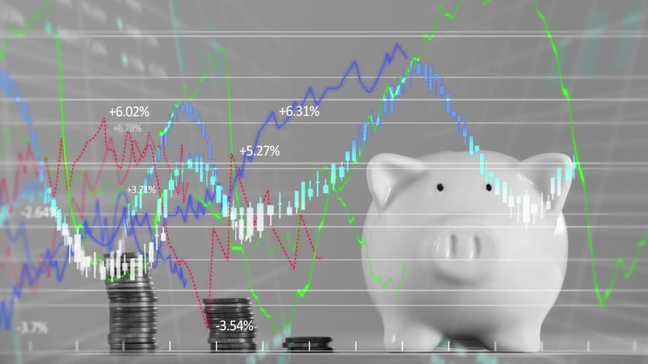 Animation of financial data processing over piggybank and stacks of coins