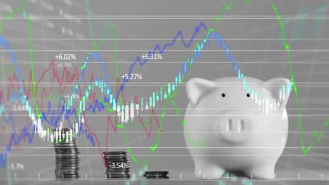 animación del procesamiento de datos financieros sobre la alcancía y las pilas de monedas