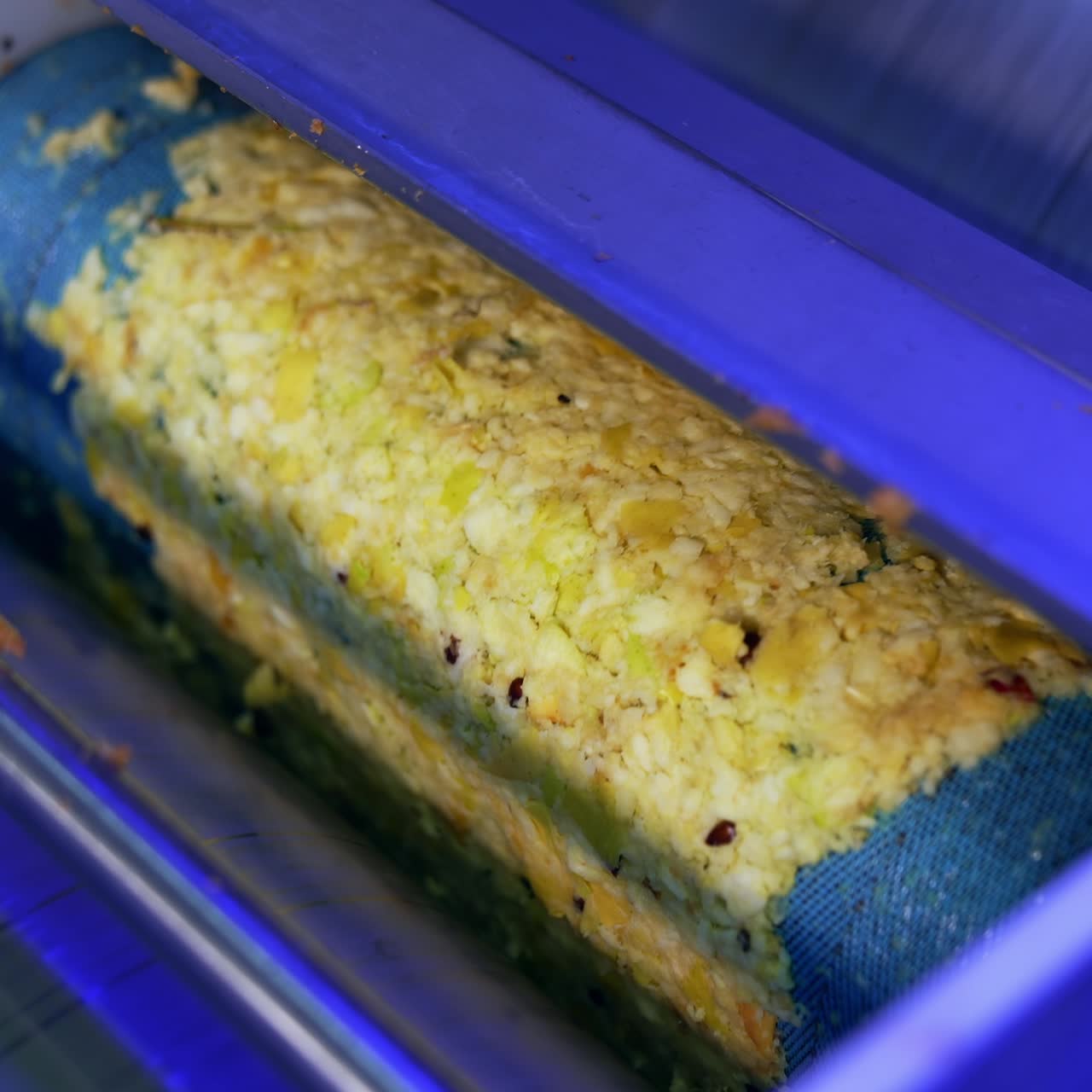 Few shafts covered with apple pulp rotating to squeeze juice. Close up. Organic apple juice production at the food factory