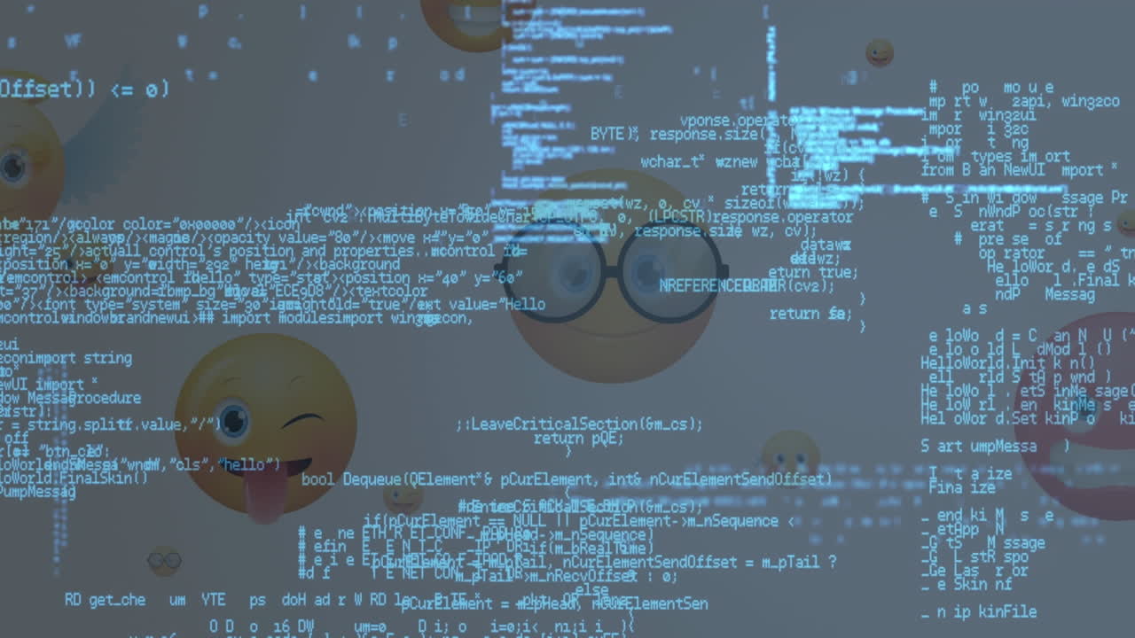 Animation of text and data processing, over rising emojis