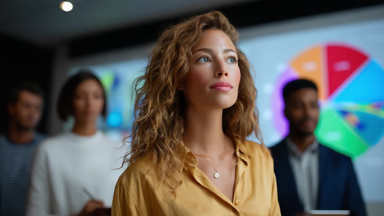 A confident woman with curly hair stands in a meeting room with a focused expression, surrounded by colleagues in the background, as data visualizations and bright colors create an inspiring and professional atmosphere