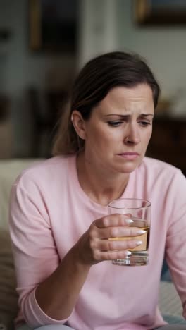 a caucasian woman sitting in her living room, depressed and sad, drinking alcohol from a glass.