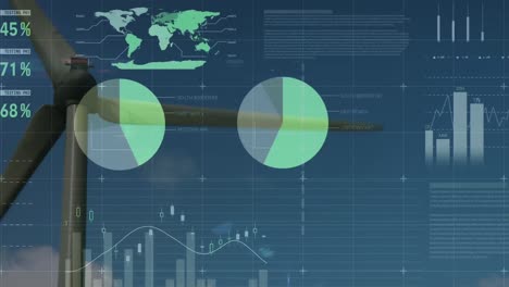 composite video of statistical data processing against windmill spinning and blue sky