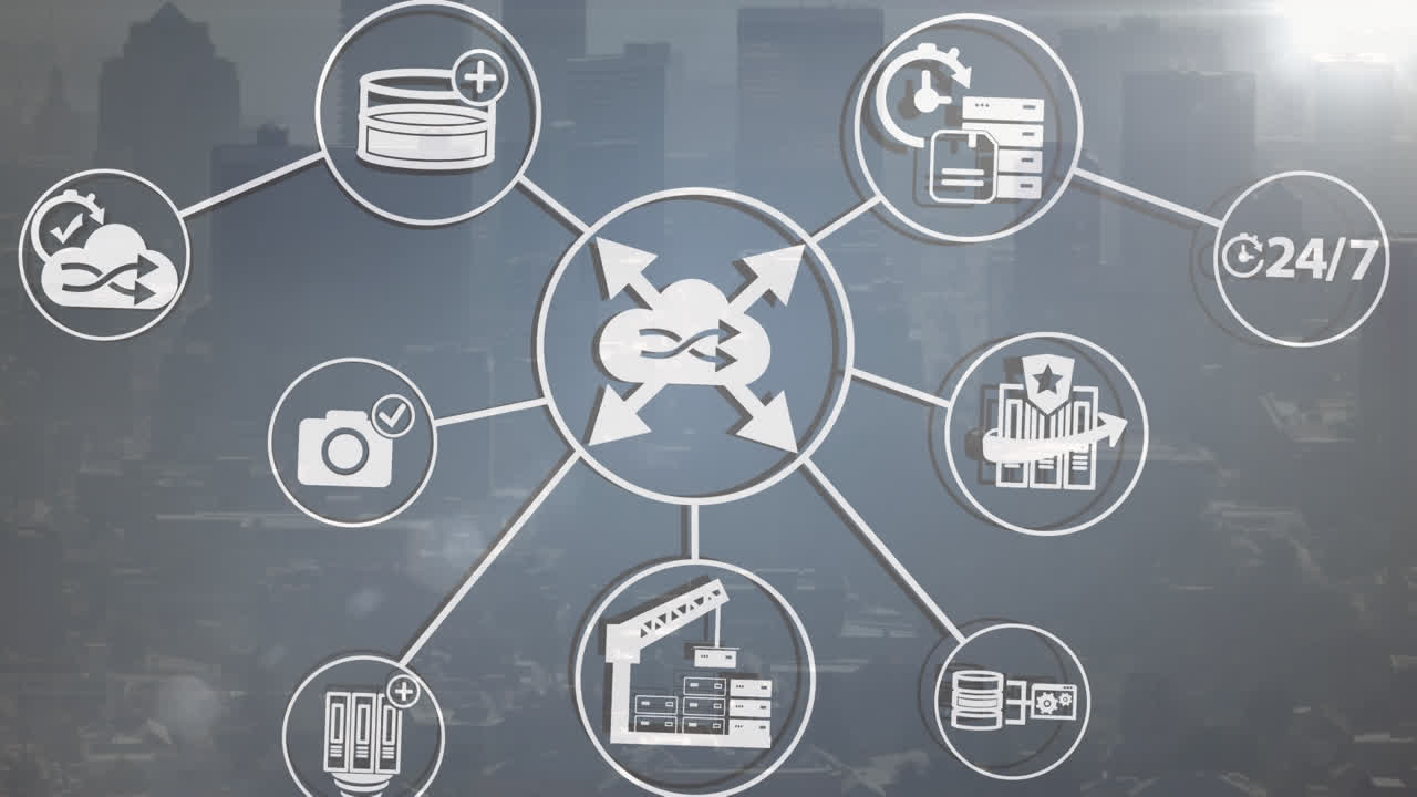 도시 풍경의 공중 전망에 대한 디지털 아이콘 네트워크와 조명 스의 애니메이션