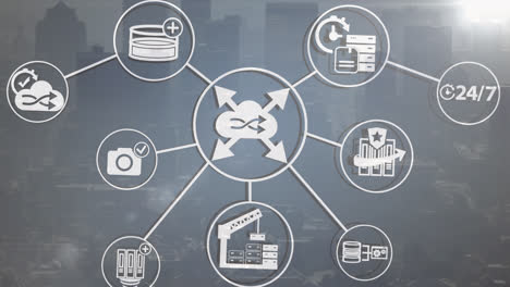 animation of network of digital icons and light spot against aerial view of cityscape