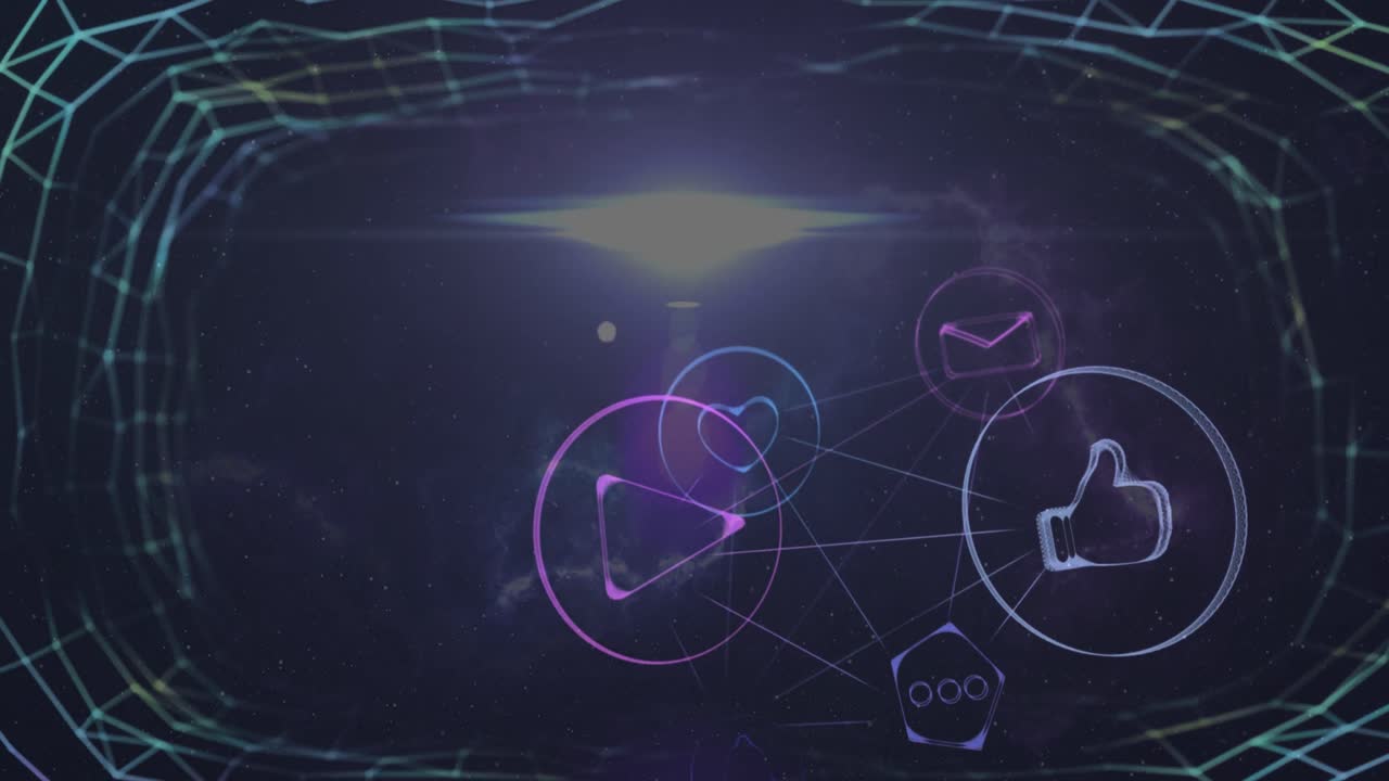 animación de la red de iconos de las redes sociales en el espacio digital