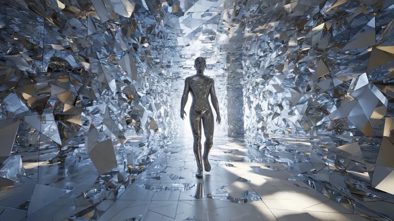 Abstract metallic humanoid in a geometric tunnel
