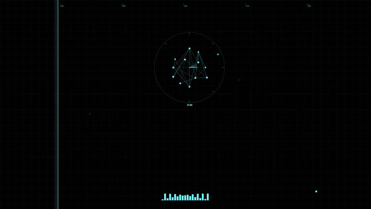 A digital interface is displayed with various data points and graphs used in military simulations. The screen shows connections and coordinates for navigation and targeting