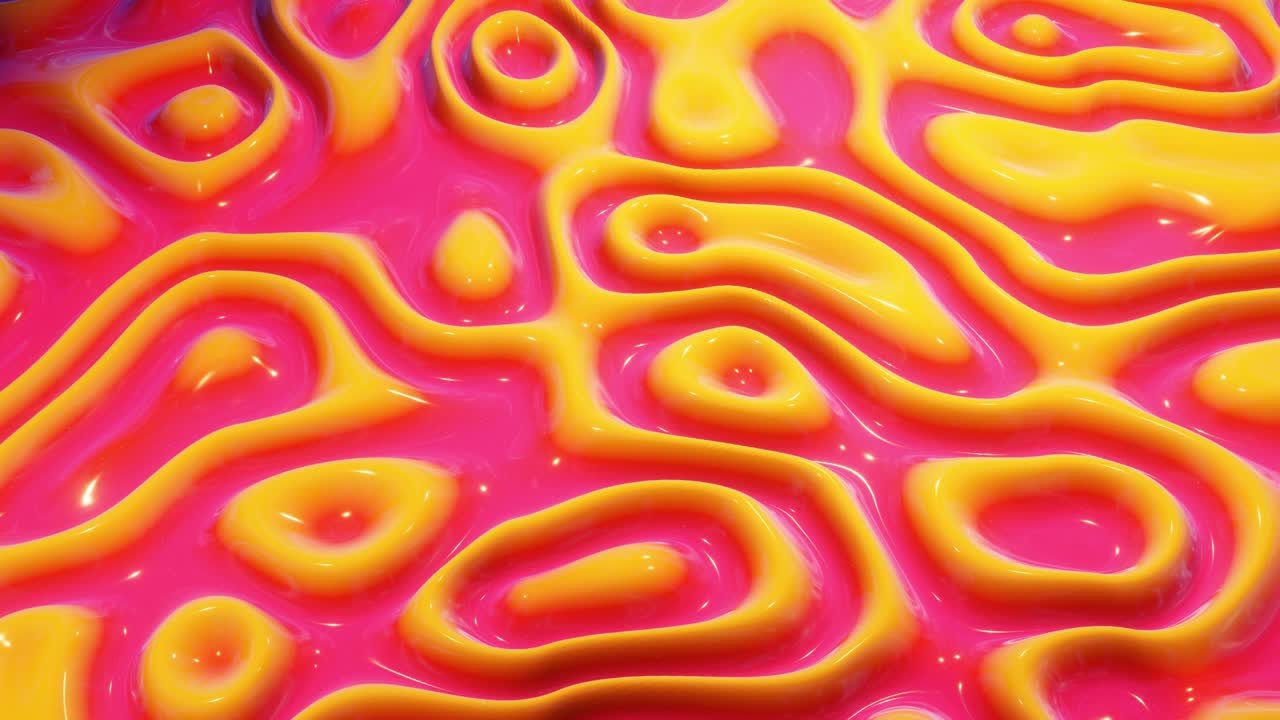 looped festive liquid BG in 4k. Abstract wavy pattern on bright glossy surface, red yellow color, waves on paint fluid in smooth animation. Glitters on viscous 3d liquid. Creative backdro
