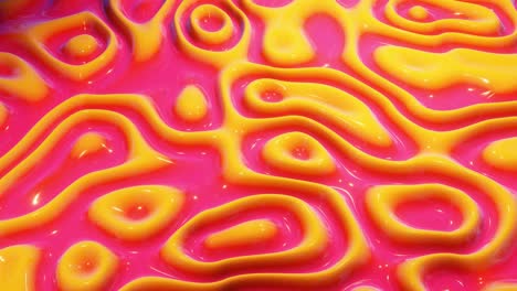 looped festive liquid bg in 4k. abstract wavy pattern on bright glossy surface, red yellow color, waves on paint fluid in smooth animation. glitters on viscous 3d liquid. creative backdro