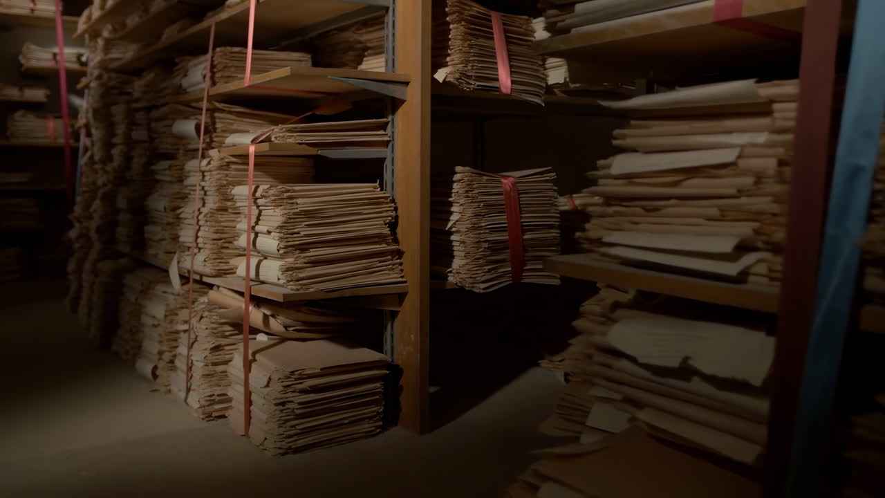 Dim Archive Aisle With Stacked Files, Brown Paper Folders Tied With String On Metal Shelves, Dusty Low Light