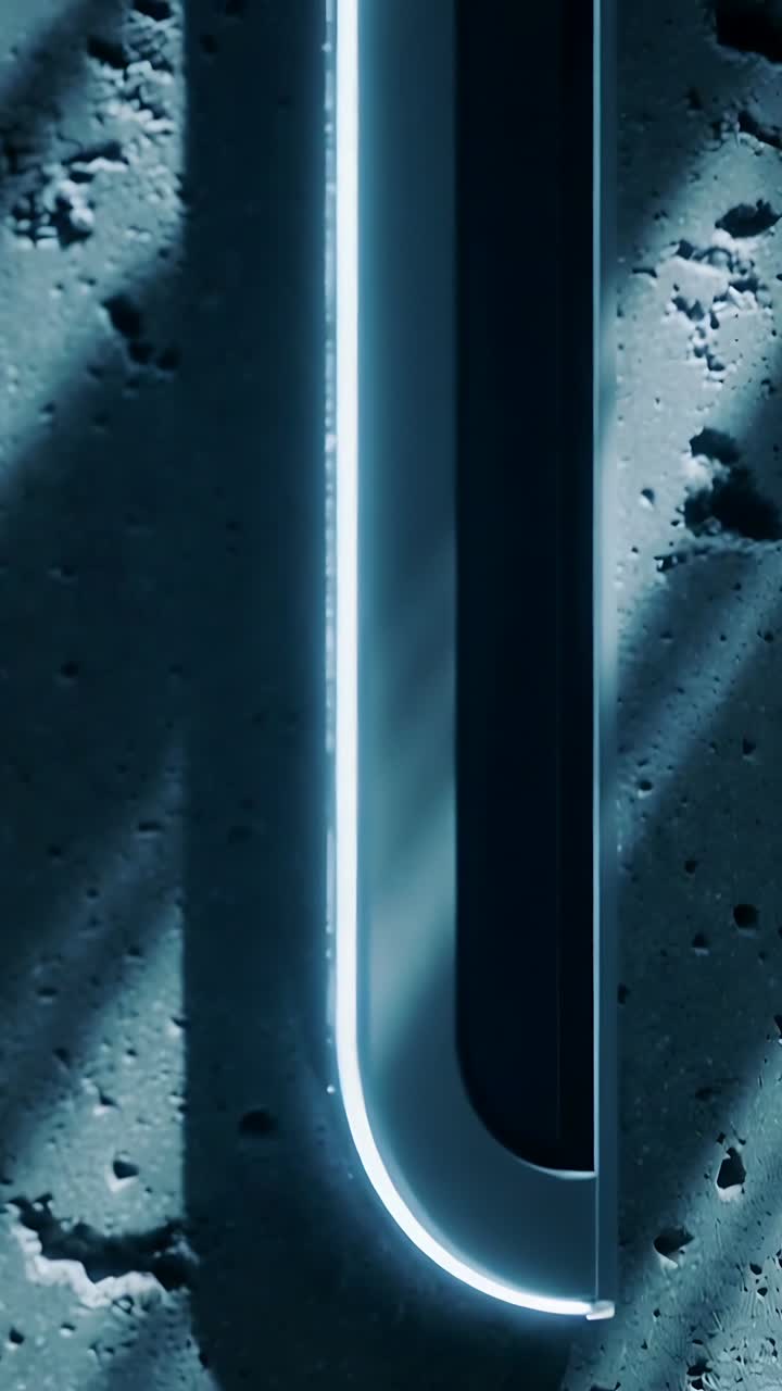 Vertical video: Panning camera revealing tall rail with lit bezel on concrete wall showing detail
