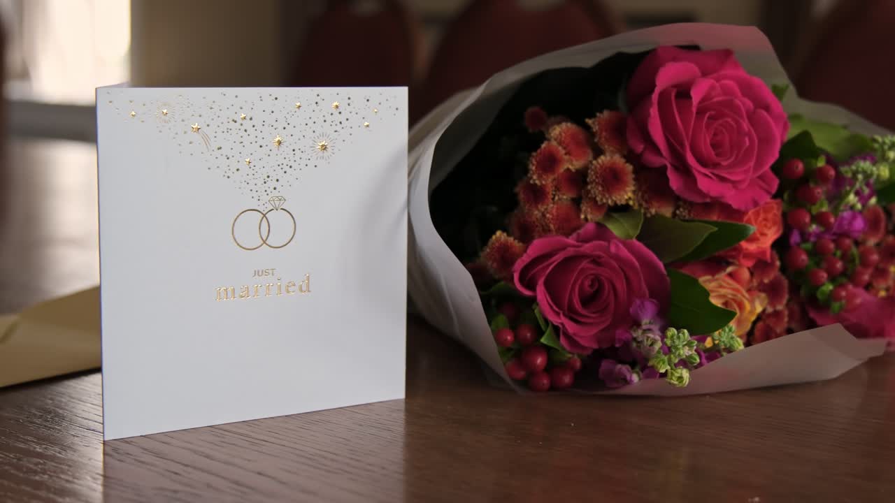 Romantic close-up of a “Just Married” card displayed next to a floral wedding bouquet. Soft lighting and elegant details create a cinematic, celebratory mood ideal for love and marriage themes