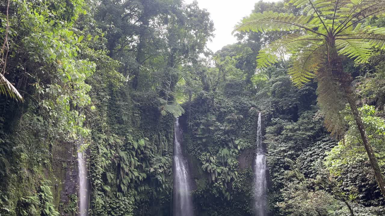 Molteplici cascate che scendono da una scogliera di foresta tropicale lussureggiante