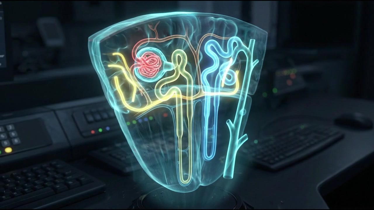 Glowing blue 3D model of human pelvic bone skeleton structure