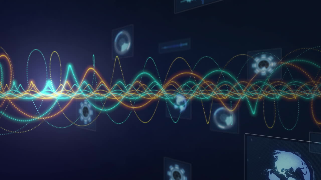 Animation of colorful waveforms and digital screens processing data on dark background