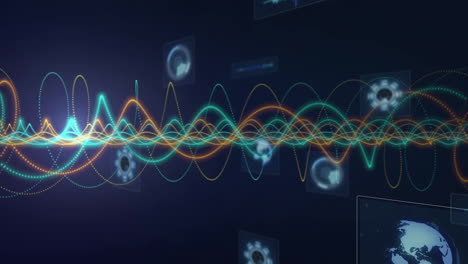 animation of colorful waveforms and digital screens processing data on dark background