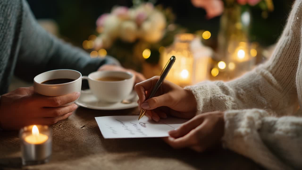 A Cozy Evening of Connection: Two People Enjoying Warm Beverages While Writing Letters, Surrounded by Soft Candlelight and Beautiful Floral Arrangements that Create a Romantic Ambiance