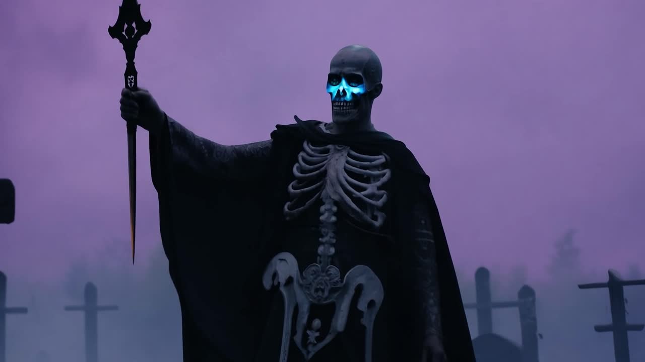 el rey esqueleto está de pie en un cementerio nebuloso, levantando lentamente un bastón mágico, creando una atmósfera misteriosa y mística