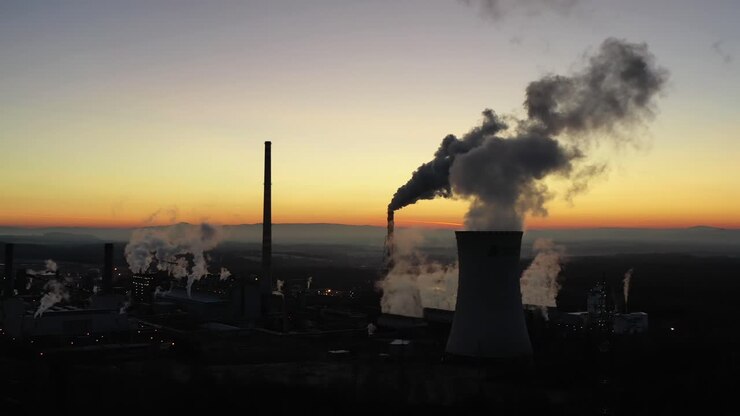 Coal Fired Power Plant, Black Smoke and Vapor Going Into Atmosphere, Aerial View of Heavy Air Pollution and Chimneys Silhouettes in Front of Sunset Skyline