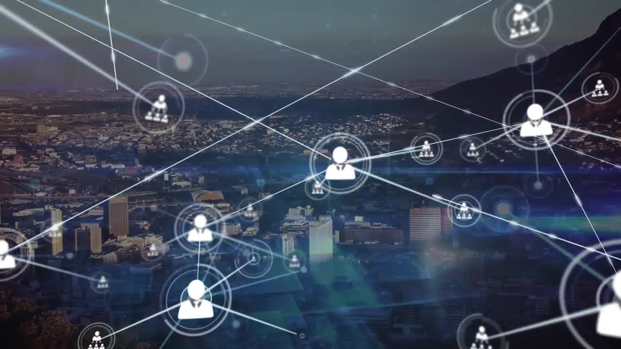 animación de la red de conexiones con iconos sobre el paisaje urbano