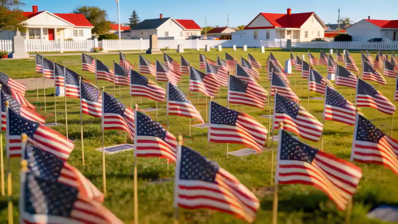 Light breeze sending rows of United States flags waving on suburban lawn, showing small plaques