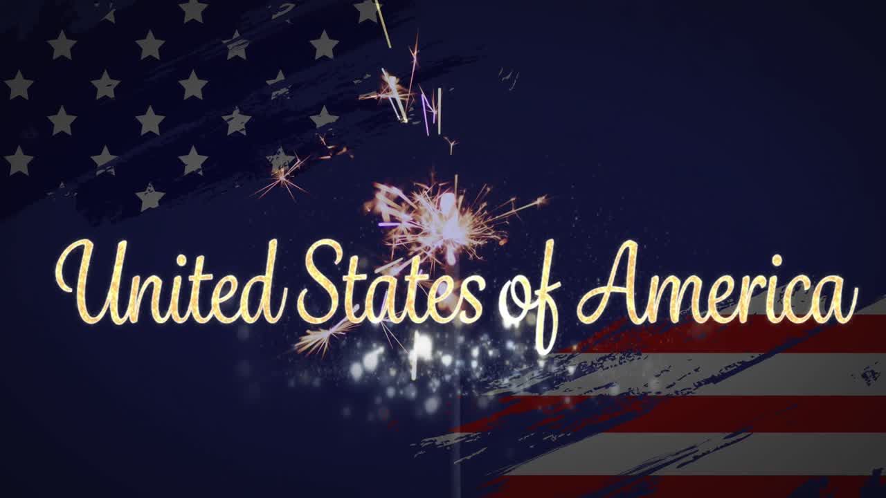 animación de brillo brillante y texto de los estados unidos de américa sobre la bandera estadounidense