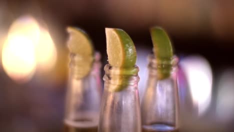 rodajas de limón en el cuello de la botella de cerveza