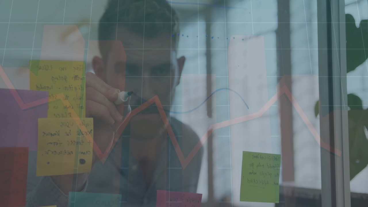 Senior man stepping into view studying sticky notes tracing business graph visualizing data trend