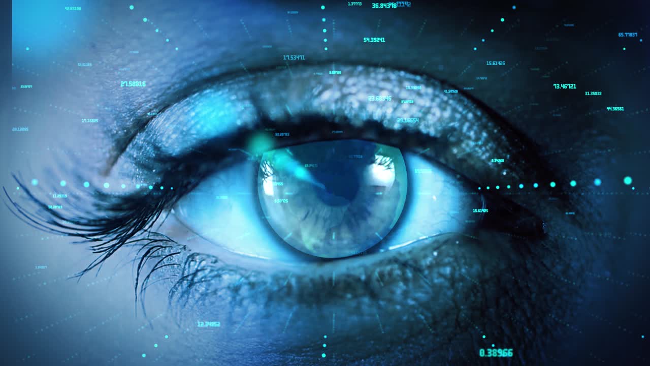 4k biometric facial recognition face detection face match cinematic macro of programer eye face id