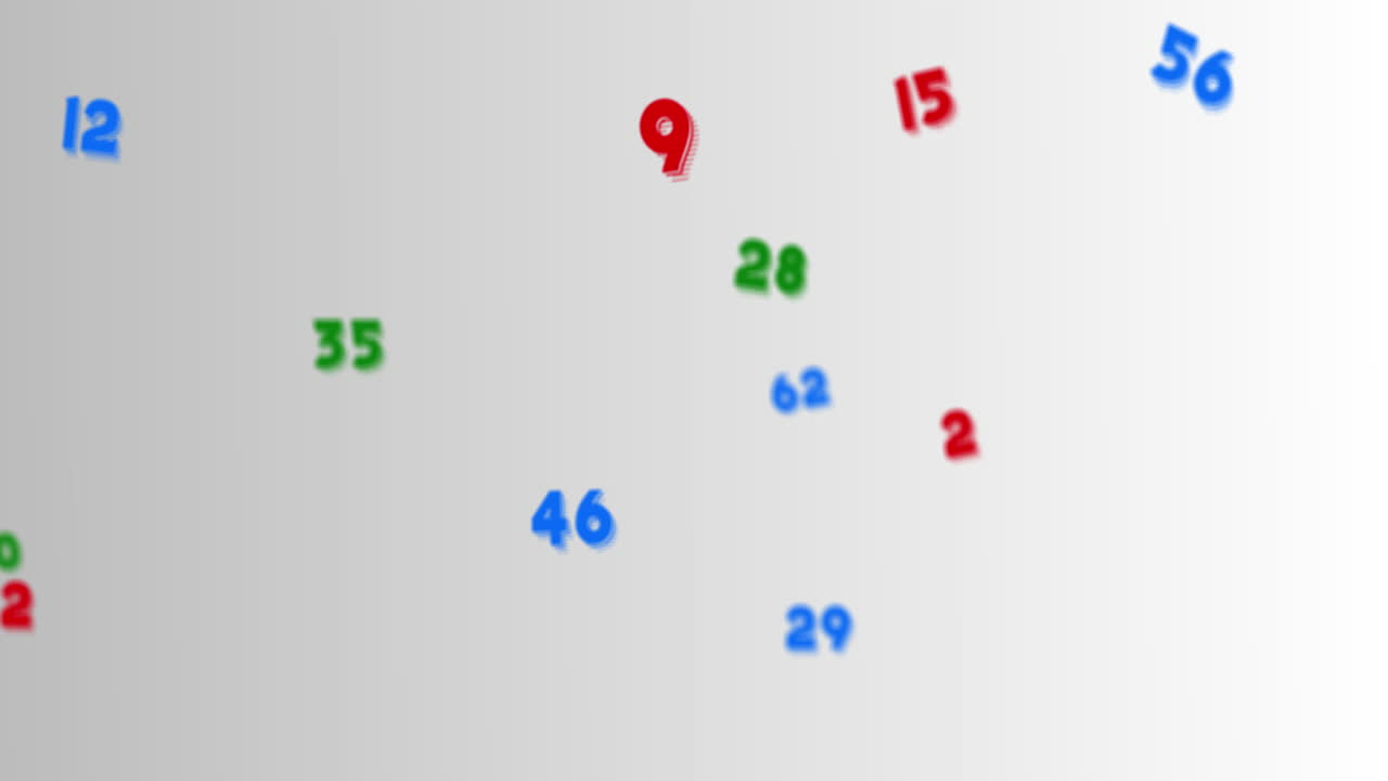 무작위적 인 다채로운 복수 수학 숫자와 기호가  ⁇  배경에 움직입니다.