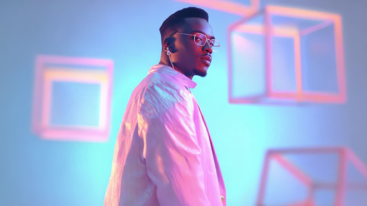 A Stylish Individual Poses Against a Colorful, Geometric Background, Showcasing Modern Fashion and Artistic Elements with Soft Lighting and Vibrant Color Gradients