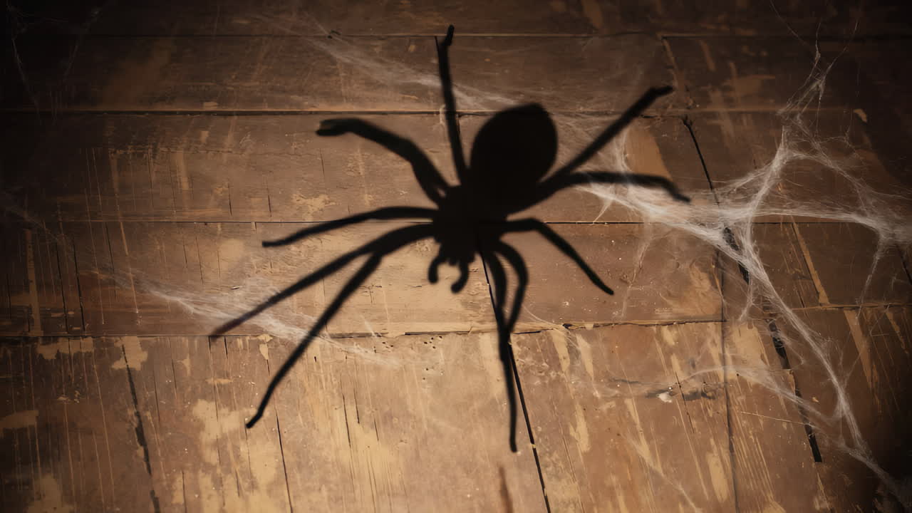 Spider shadow crawls smoothly across old wooden floor, surrounded by cobwebs. Realistic, slow motion enhances eerie tension. Perfect for horror or Halloween settings.