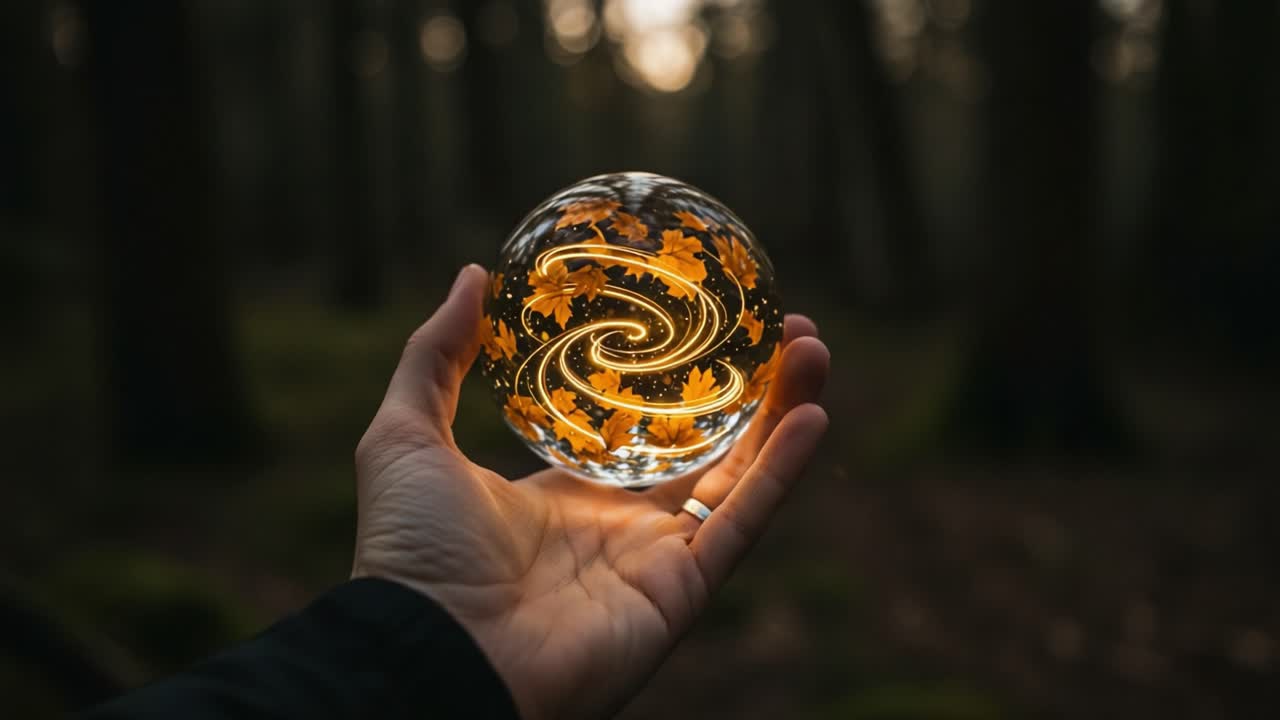 Intricate Energies Manifested in a Hand-Held Crystal Sphere Surrounded by Enchanting Forest Ambiance, Capturing Magical Elements and Nature's Beauty