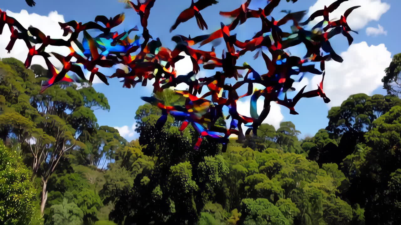 Flock of Colorful Birds in a Lush Tropical Forest