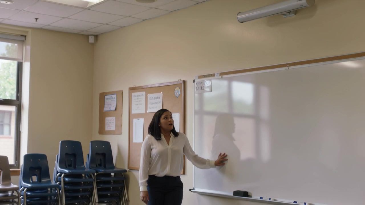 Entering frame, teacher in light top dark pants touching whiteboard in classroom preparing lesson