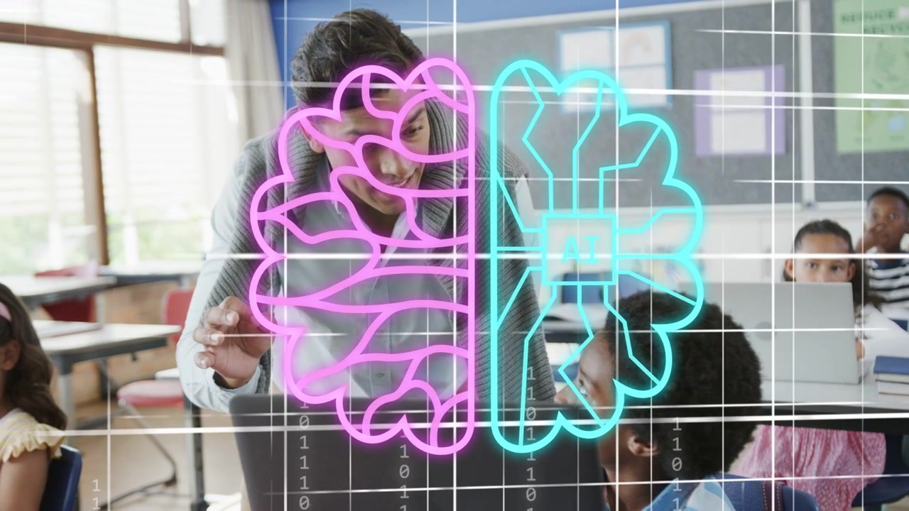 Vertical video: Pointing teacher guiding student at laptop in class while neon brain appearing