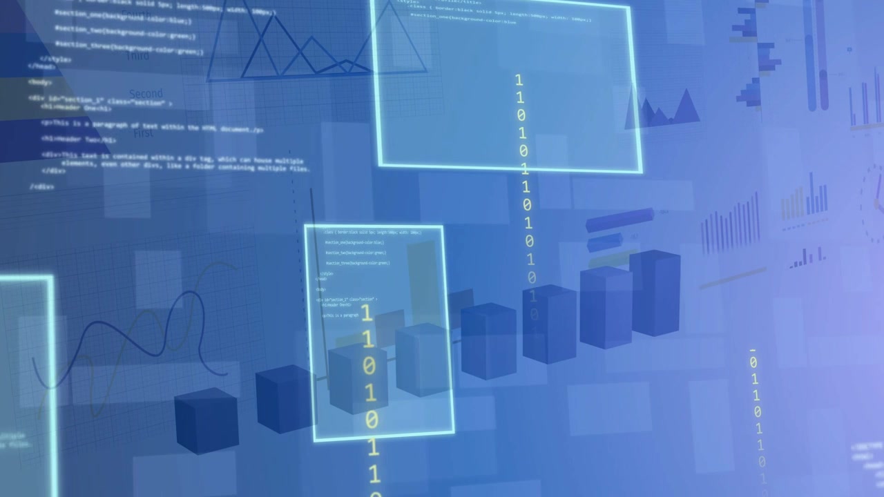 Glowing frame appearing 3D bars holding neon frames drifting binary columns scrolling showing data