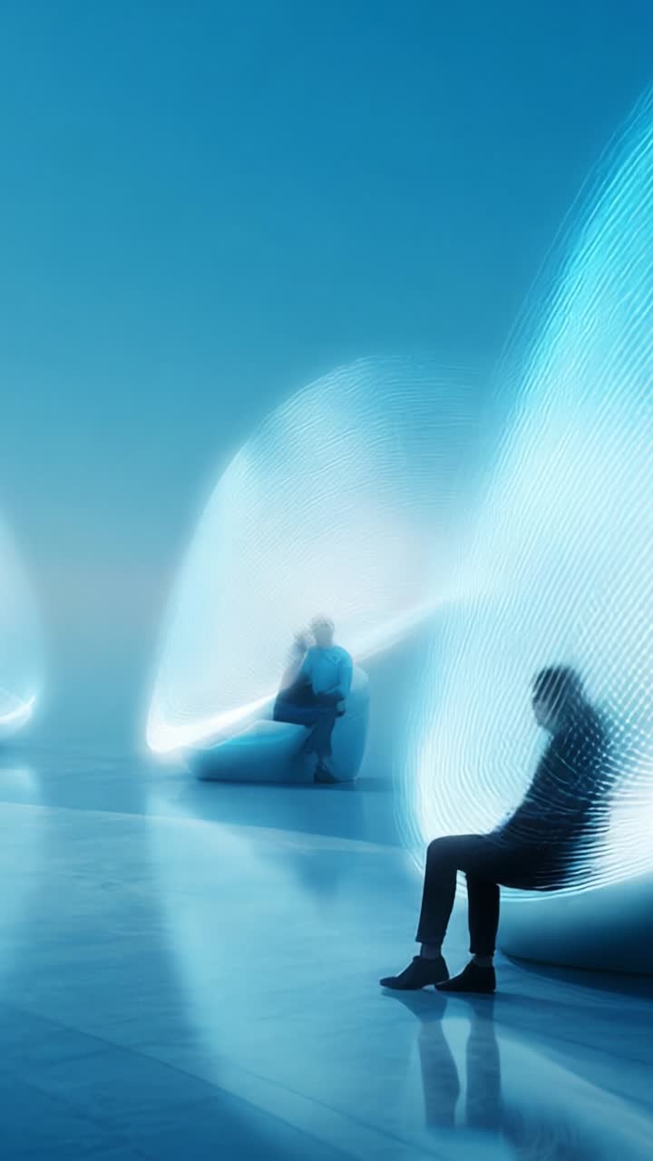 Futuristic Interaction: Individuals Engaged in a Tranquil Setting Surrounded by Ethereal Light Forms and Curved Structures, Perfect for a Modern Aesthetic Experience